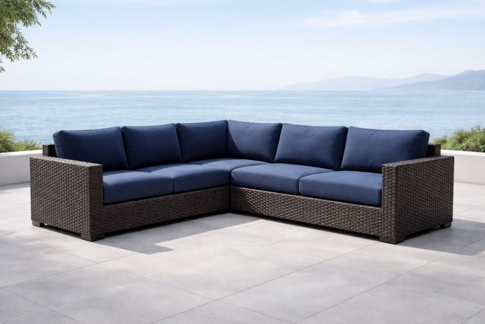 Canapé d'Angle en Résine Tressée Coussins Bleu-Decorivio