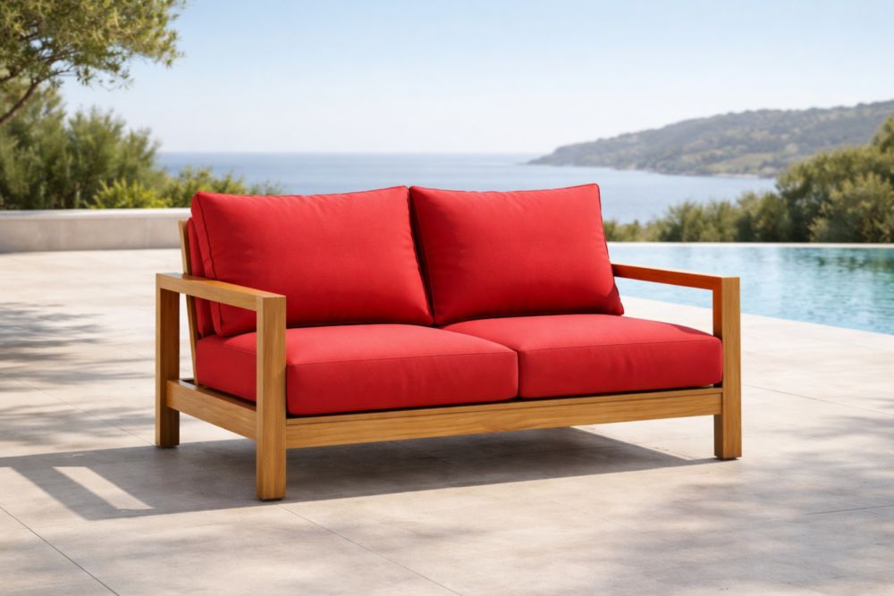 Canapé d'extérieur deux places en bois coussins polyester rouge-Decorivio