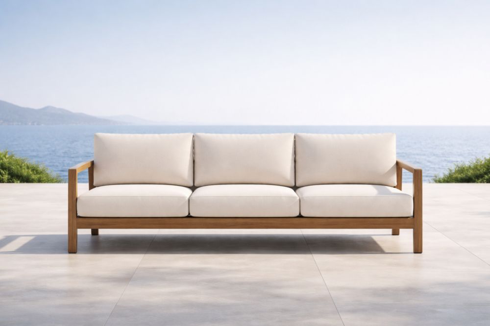 Canapé d'extérieur trois places en bois et polyester beige-Decorivio