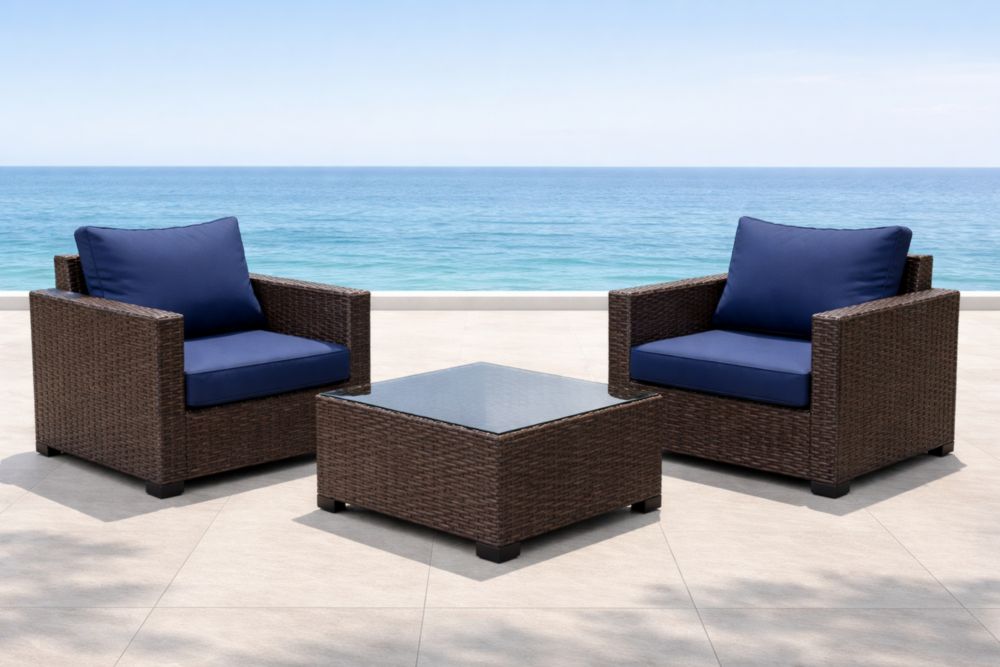 Ensemble de jardin en résine tressée marron avec coussins bleus et table basse en verre trempé-Decorivio