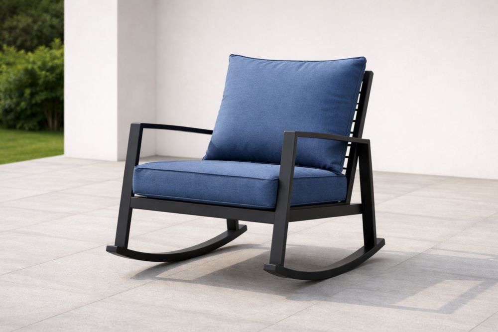 Chaise berçante extérieure en métal avec coussins en polyester bleu 80x70x90 cm-Decorivio