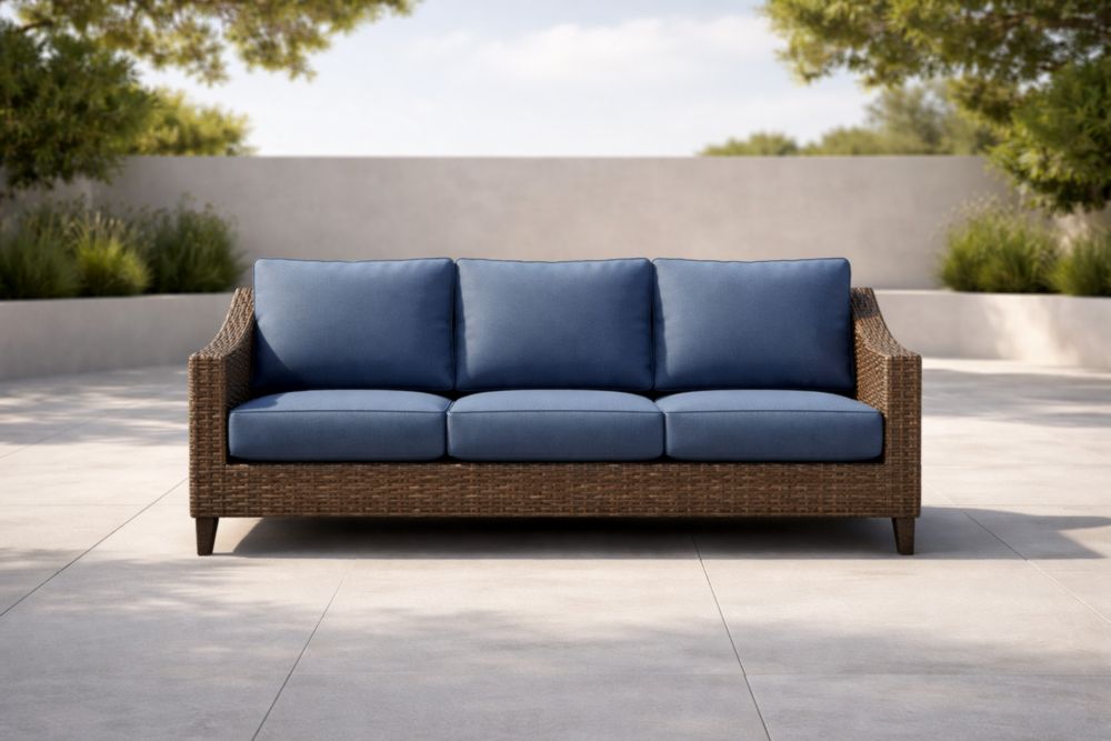 Canapé 3 places en résine tressée avec coussins tissu bleu-Decorivio