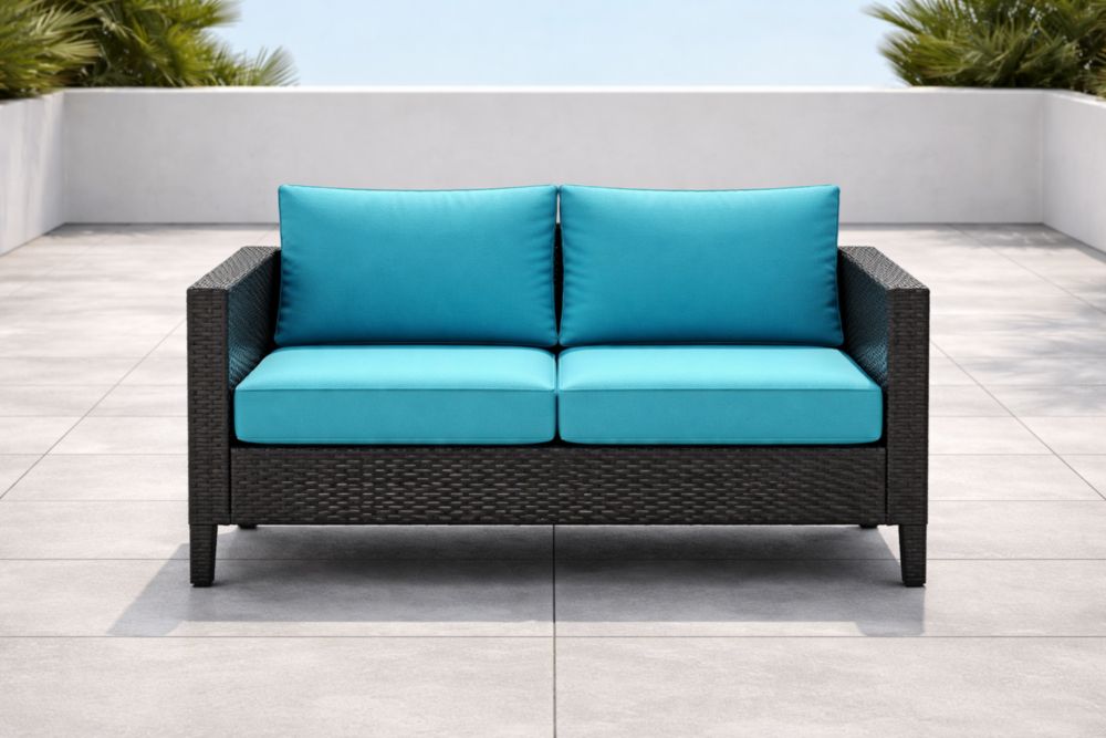 Canapé d'extérieur 2 places en résine tressée avec coussins bleus-Decorivio