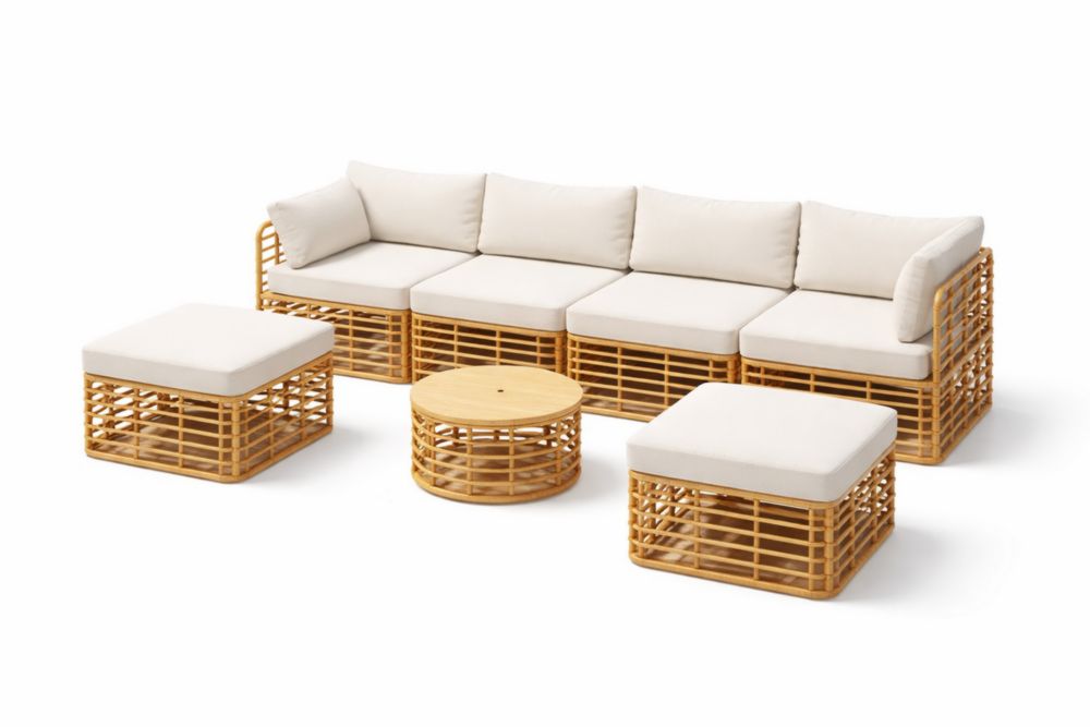 Ensemble canapé d'angle en rotin avec coussins en polyester beige