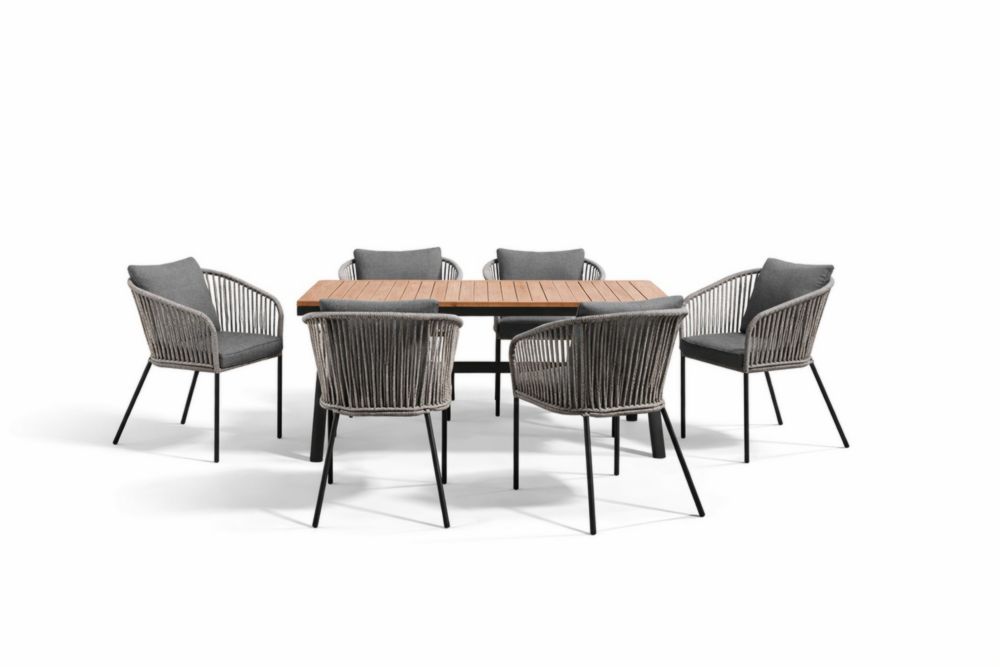 Ensemble de salle à manger extérieur 6 places en bois massif et corde avec coussins
