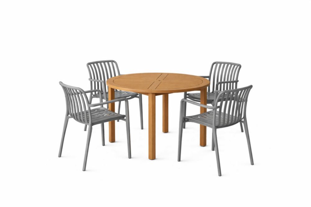 Ensemble table ronde en bois massif avec 4 chaises en plastique gris