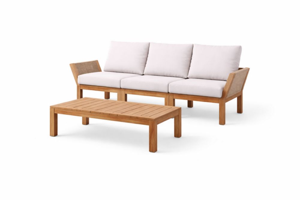 Canapé et table basse en teck avec coussins blancs