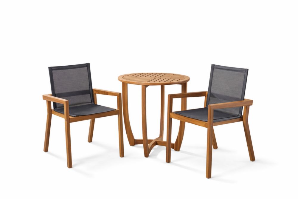 Ensemble table ronde et chaises en bois massif et textilène noir