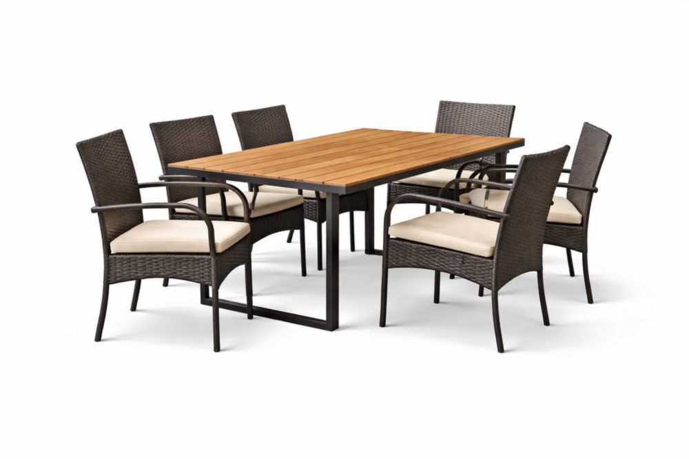 Table Rectangulaire en bois massif et Chaises en Rotin avec Coussin