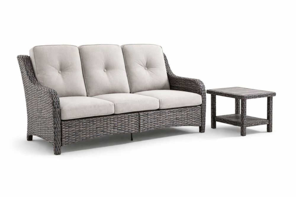 Canapé 3 Places en Rotin avec Coussin Gris et Table Basse