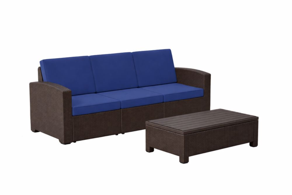 Ensemble de Canapé d'Extérieur en Résine avec Coussins en Polyester Bleu