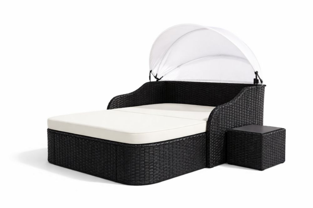 Lit de jour en résine tressée noire avec coussins en mousse polyuréthane blanc et auvent pliable