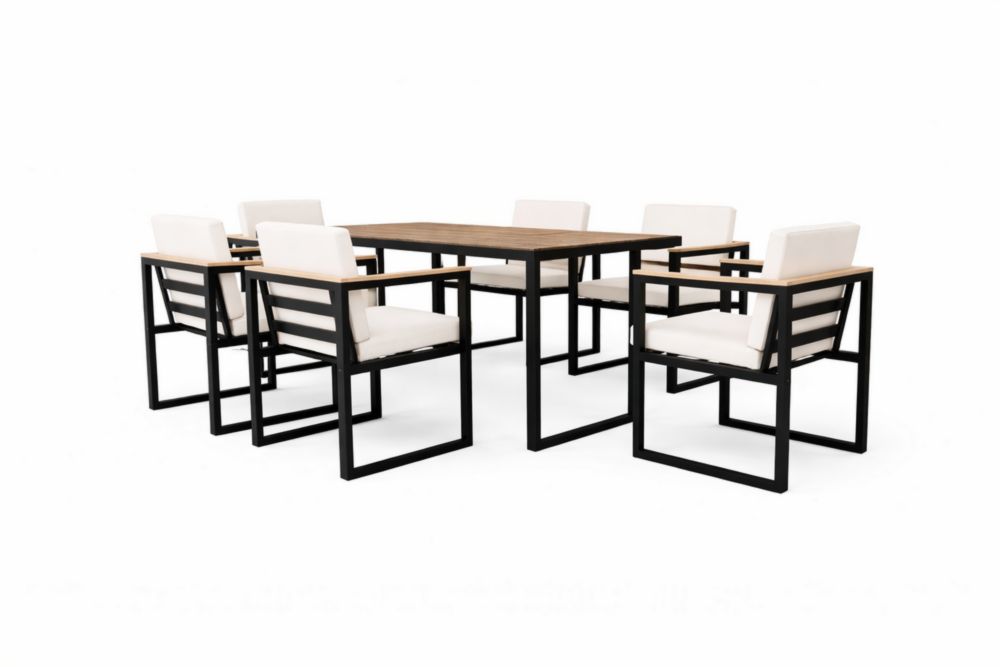 Ensemble de Salle à Manger Extérieur bois massif et Acier inoxydable avec 6 Chaises et Coussins Blancs