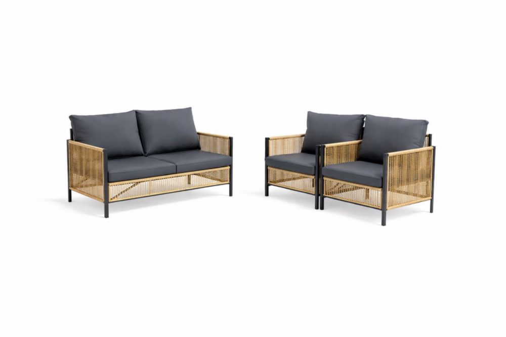 Ensemble de salon d'extérieur en rotin avec coussins gris