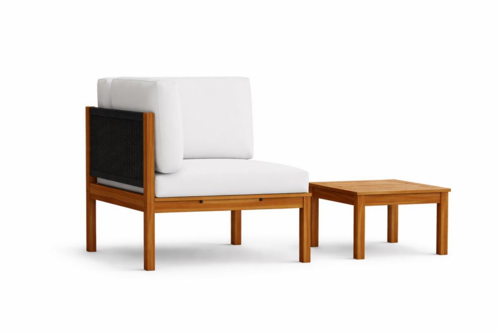 Ensemble salon d'extérieur en bois massif avec coussins blancs