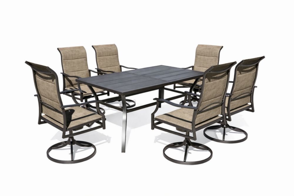 Table rectangulaire avec 6 chaises pivotantes en aluminium et tissu polyester marron