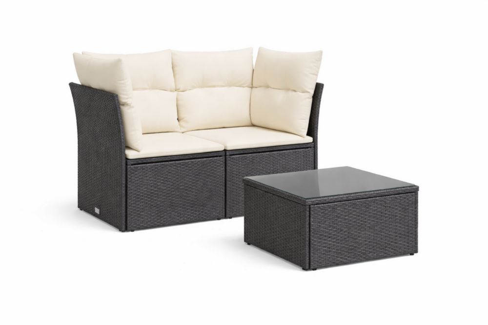 Salon de jardin en résine tressée avec coussins et table basse en verre