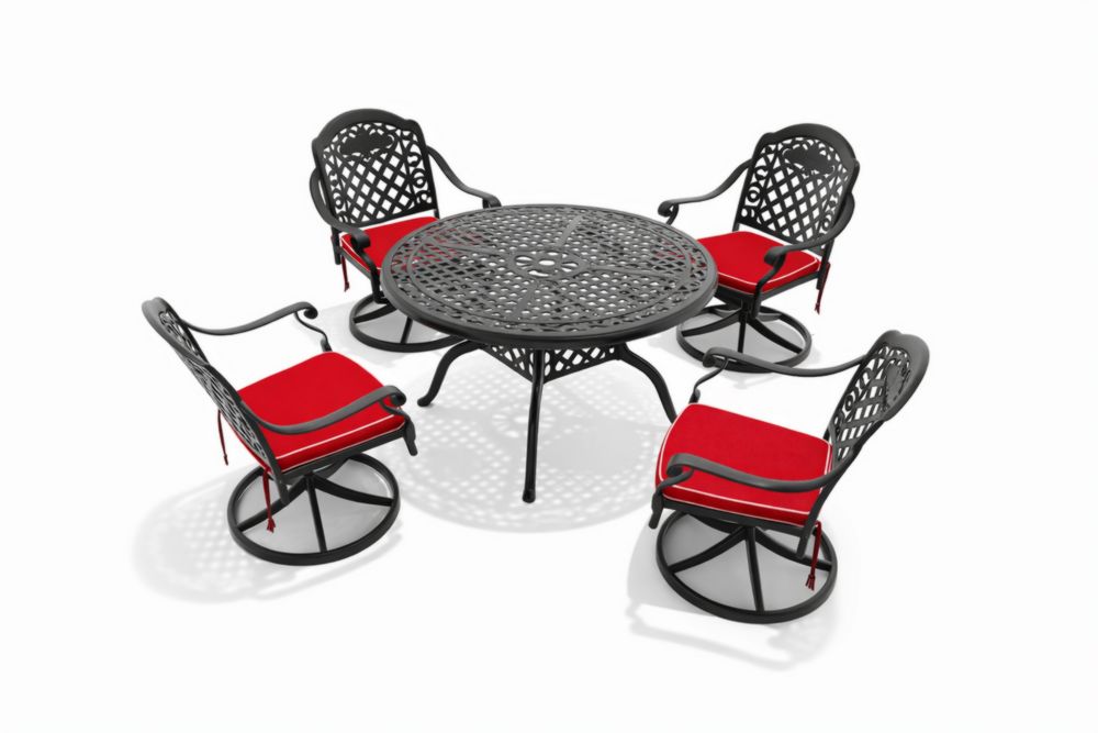 Ensemble de table ronde en aluminium avec 4 fauteuils pivotants et coussins rouges