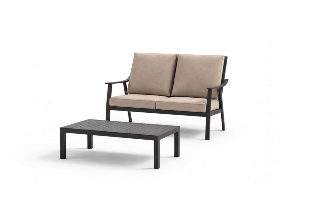 Canapé Deux Places avec Table en Aluminium et Coussins Beige