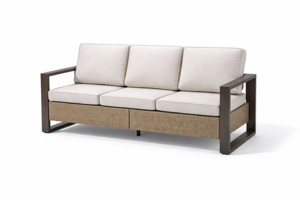 Canapé 3 places en Acier inoxydable et rotin avec coussins en tissu beige