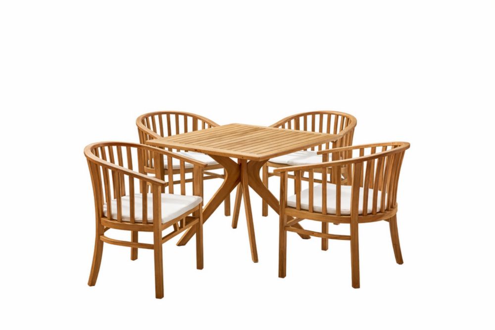 Ensemble de table et chaises d'extérieur en bois massif, coussins en polyester, marron clair et blanc