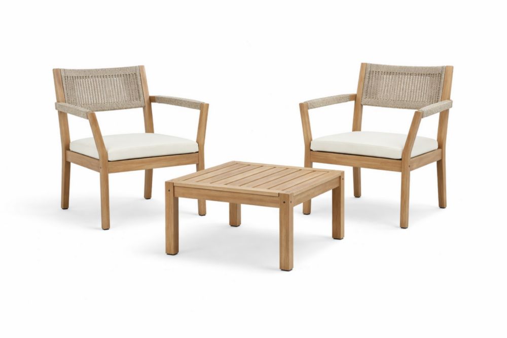 Ensemble de salon de jardin en bois massif et corde avec coussins beige