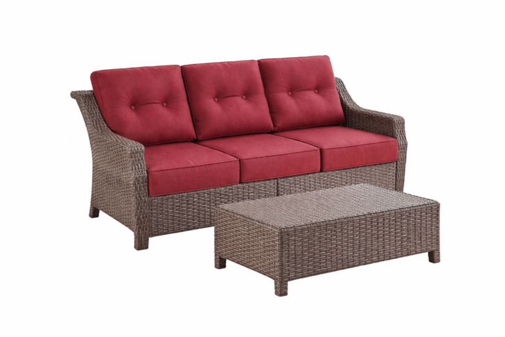 Canapé 3 Places en Rotin Synthétique avec Coussin Rouge et Table Basse