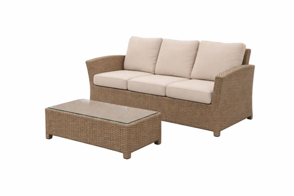 Canapé 3 places et table basse en résine tressée avec coussins beige