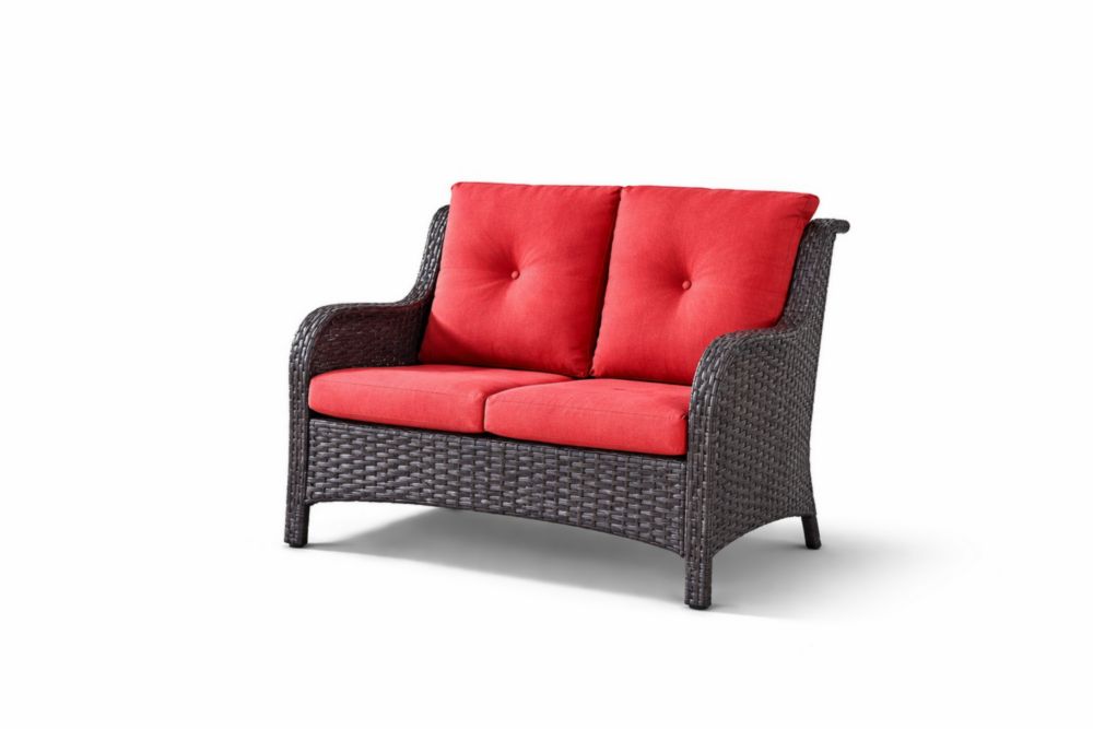 Canapé Deux Places en Résine Tressée avec Coussins en Polyester Rouge