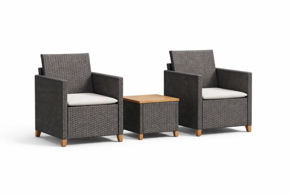 Set de meuble de jardin en résine tressée anthracite avec coussins blancs
