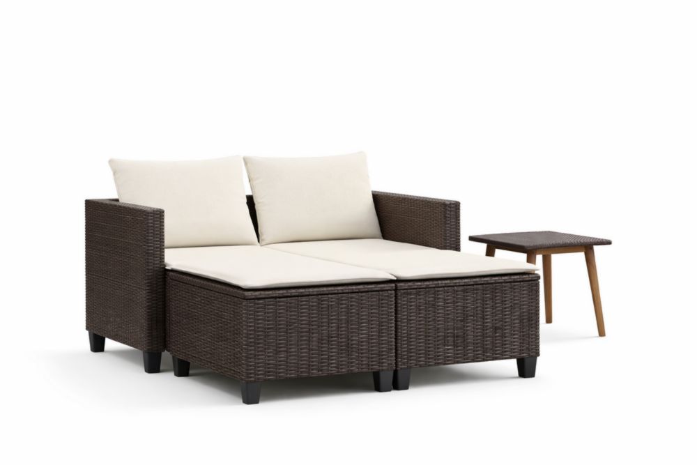 Ensemble de Salon en Rotin Marron avec Coussins Crème et Table d'Appoint