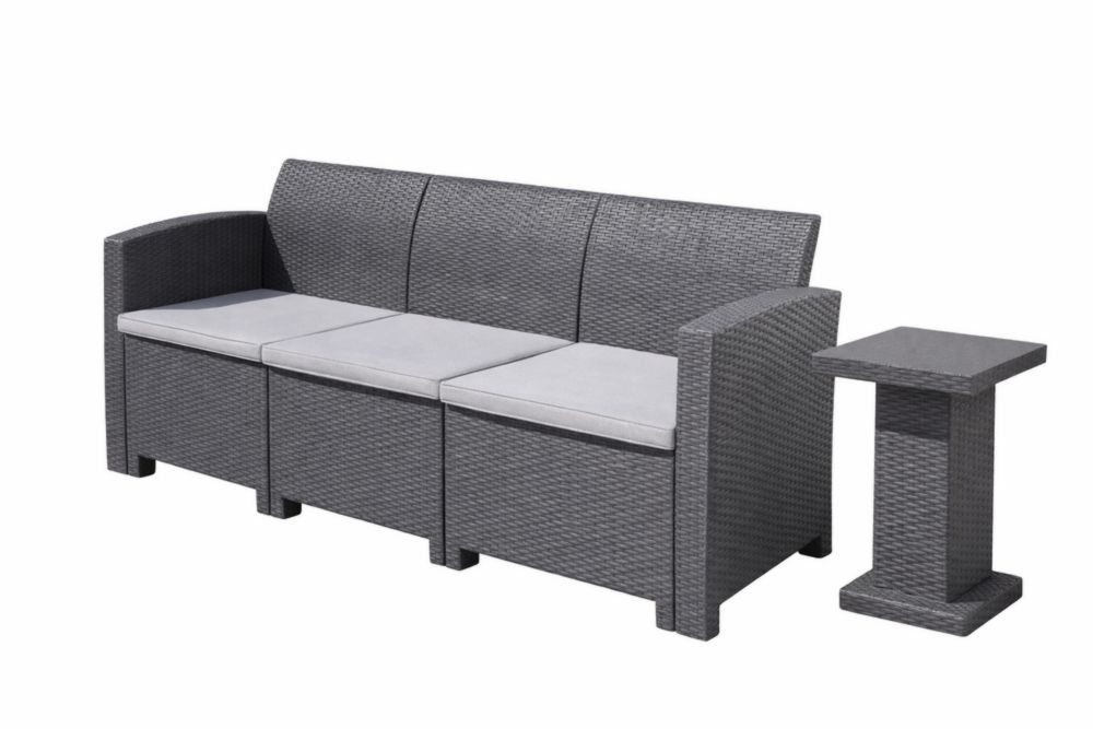 Canapé d'extérieur 3 places en résine tressée Gris avec table et coussins