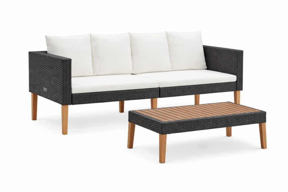 Ensemble de salon de jardin 2 places avec coussins en polyrotin et table basse en bois massif