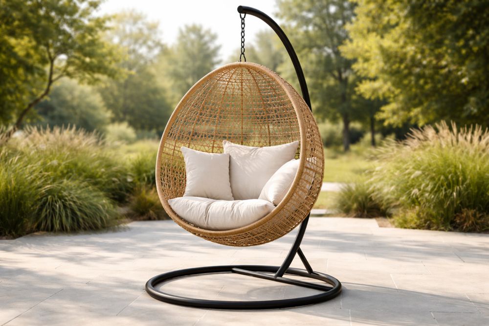 Fauteuil Suspendu en Rotin avec Cadre Métallique et Coussins Blancs