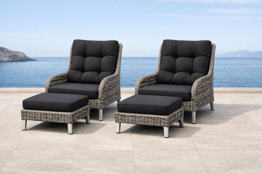 Ensemble de fauteuils et repose-pieds en résine tressée avec coussins en polyester