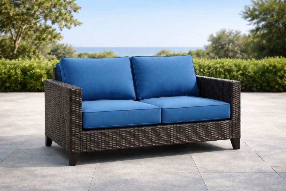 Canapé 2 Places Résine Tressée Coussins Bleu