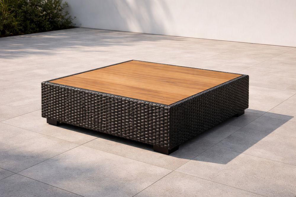 Table Basse en Résine Tressée et Bois de Teck 90x90x20 cm
