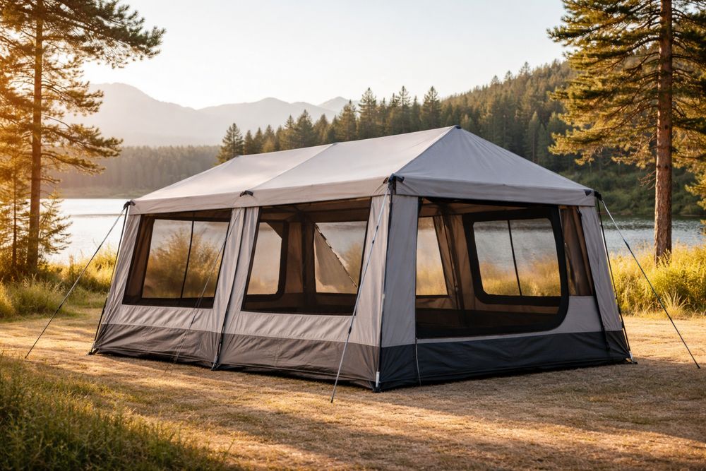 Tente de camping familiale en polyester 480 x 300 x 220 cm Gris