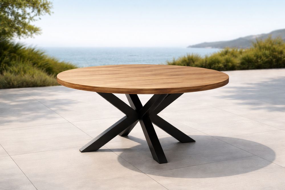 Table ronde en teck et métal noir