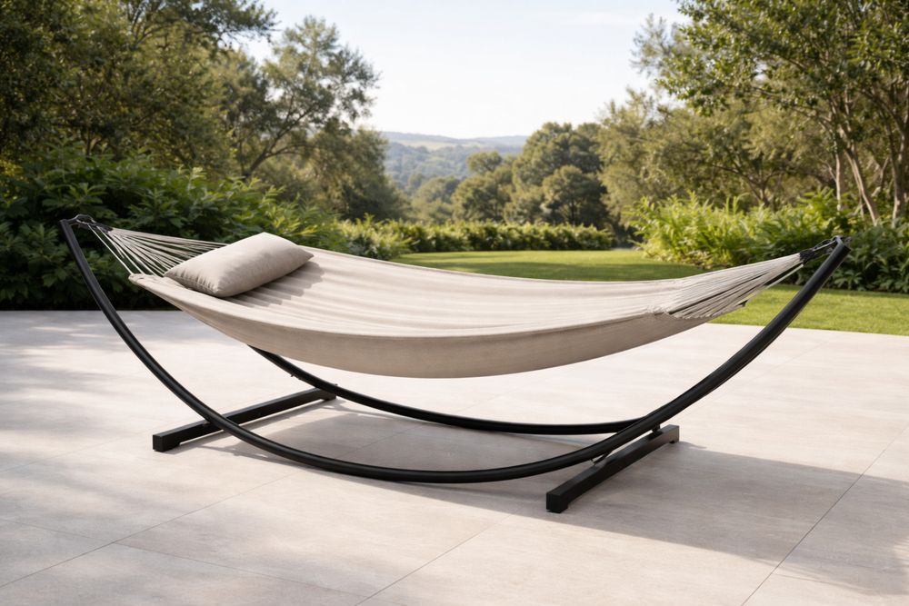 Hamac avec support en métal tissu polyester Beige