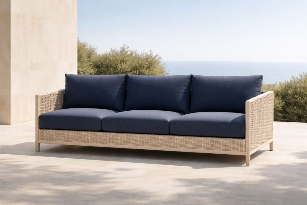 Canapé d'extérieur trois places résine tressée coussins polyester bleu