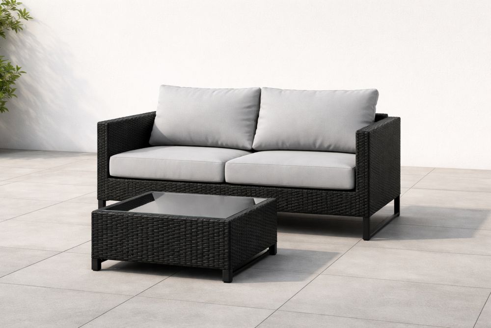 Ensemble Canapé 2 Places en Résine Tressée avec Table Basse en Verre Trempé