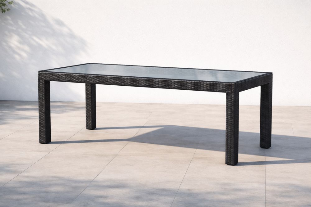Table de jardin rectangulaire en osier et verre trempé noir