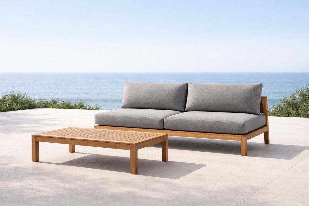 Ensemble Canapé et Table en Bois de Teck avec Coussins Gris