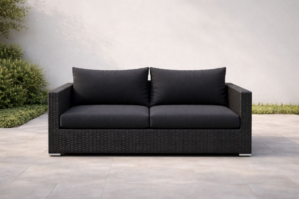 Canapé d'extérieur en résine tressée et coussins en polyester noir
