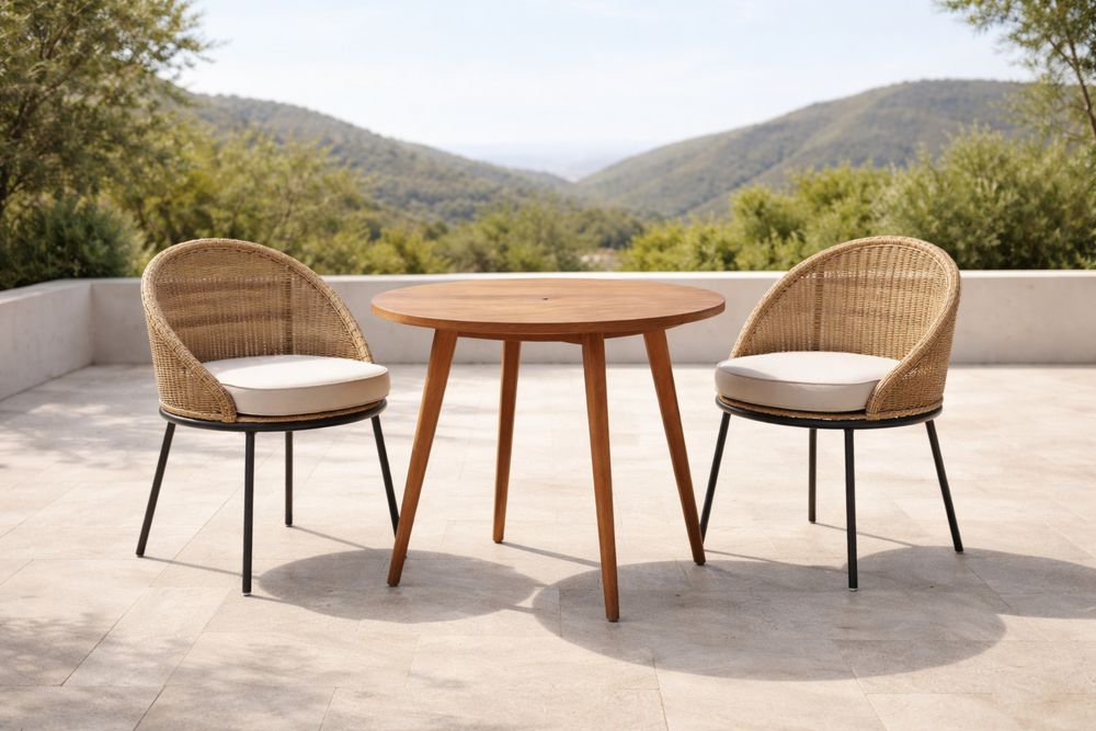 Table ronde en bois et chaises en rotin avec pieds en métal