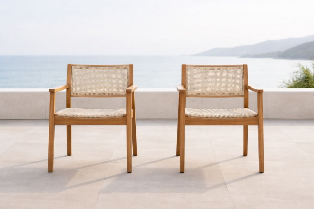 Chaises en Teck et Rotin Tressé Ensemble de 2