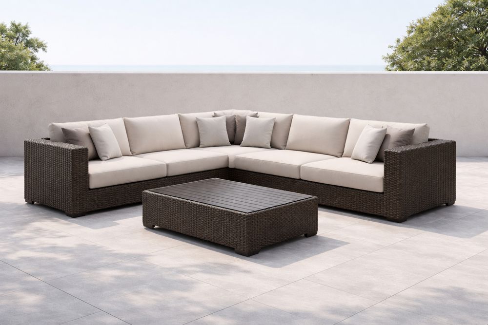 Ensemble Canapé d'Angle en Résine Tressée Marron avec Coussins Beige