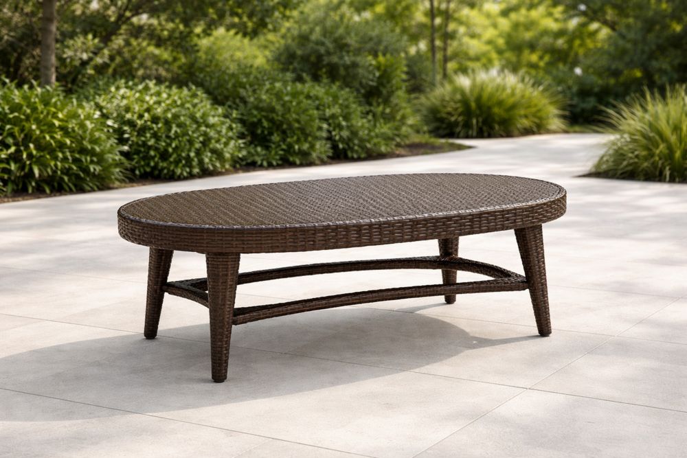 Table basse ovale en résine tressée brune