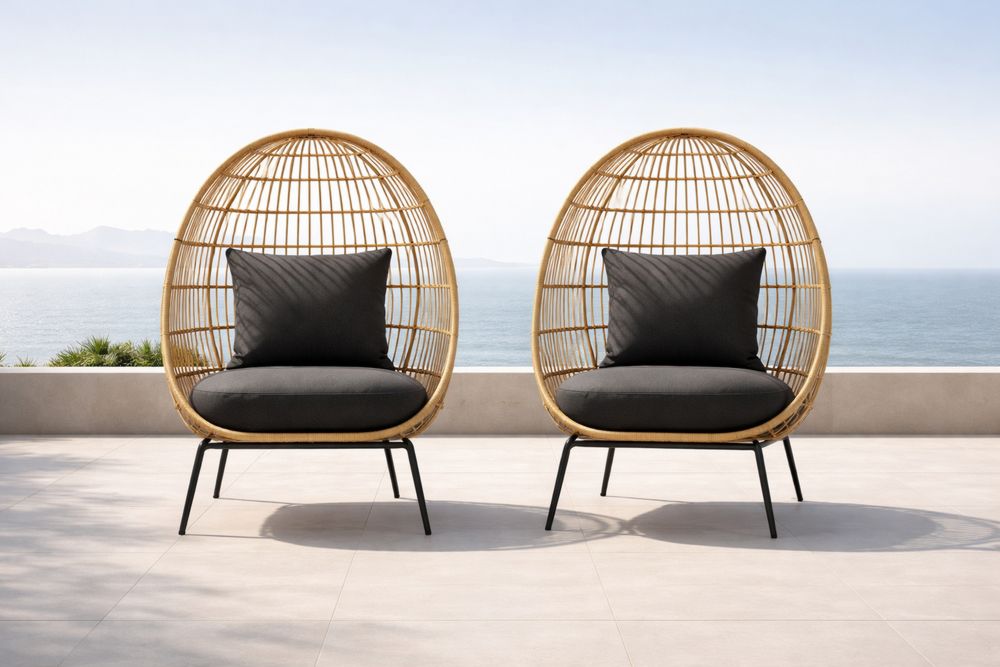 Ensemble de deux fauteuils en rotin et métal avec coussins noirs